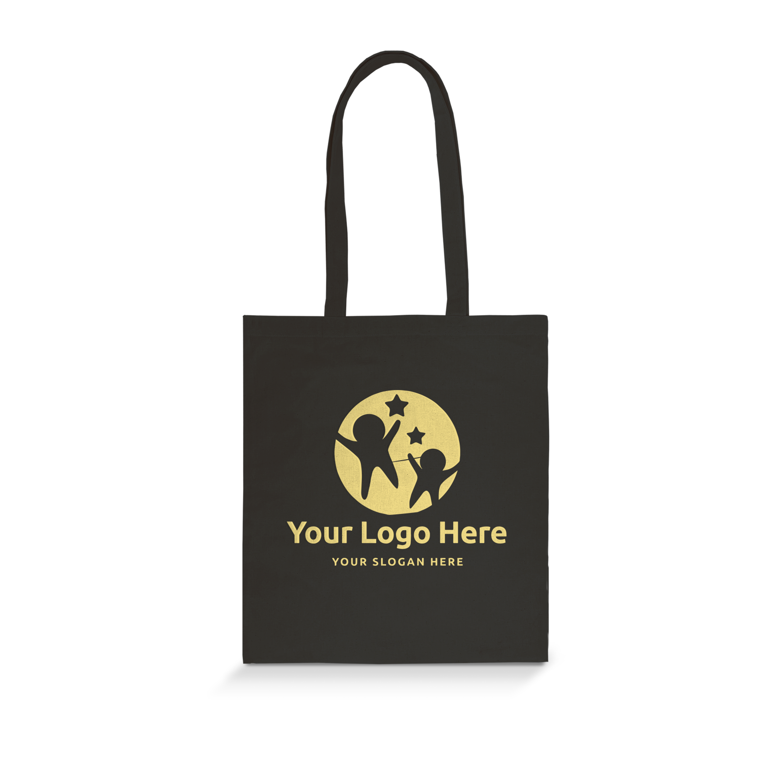 Black canvas tote bag with long handles and centered logo placeholder.