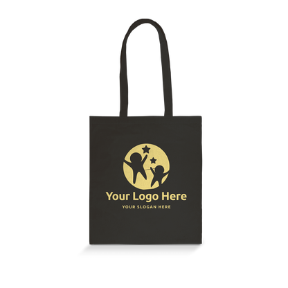 Black canvas tote bag with long handles and centered logo placeholder.