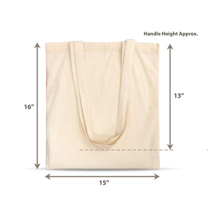 Beige canvas tote bag measuring 16" x 15" with approx. 13" handle height—spacious and comfortable for daily use.