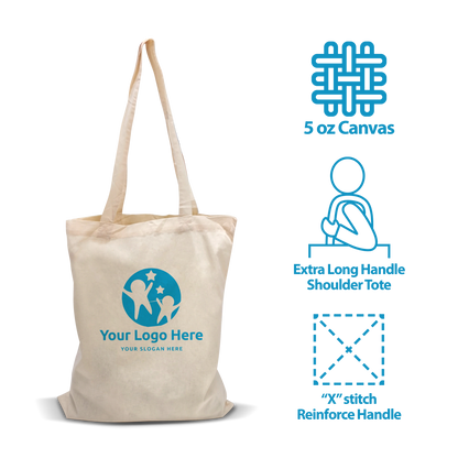 Lightweight 5oz canvas tote with extra-long shoulder handles and reinforced “X” stitched straps, featuring a customizable blue logo.