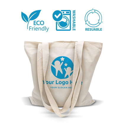 Natural canvas tote bag with long handles and custom blue logo, labeled eco-friendly, washable, and reusable.
