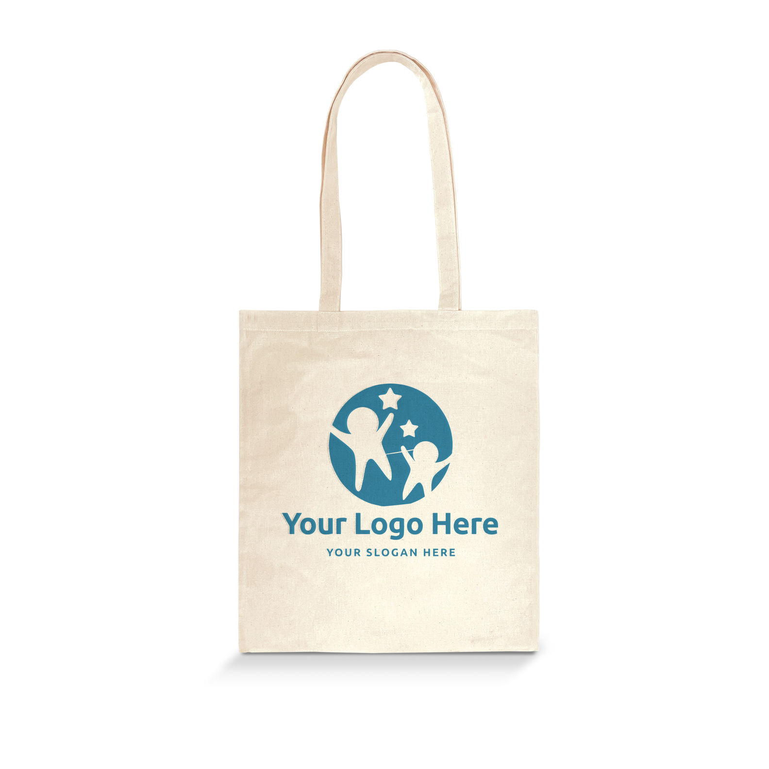Beige cotton tote bag with long handles and a blue custom logo featuring two figures reaching for stars.