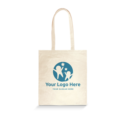 Beige cotton tote bag with long handles and a blue custom logo featuring two figures reaching for stars.