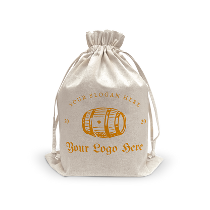 Canvas drawstring accessory bag, 5oz, size 12”W x 17.5”H, with custom barrel logo.