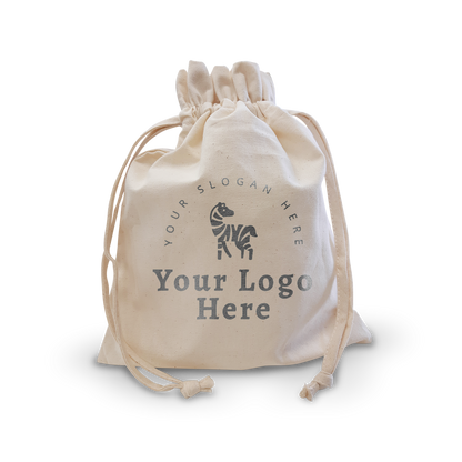 Canvas drawstring accessory bag, 5oz, size 8”W x 11”H, with zebra logo and slogan print.