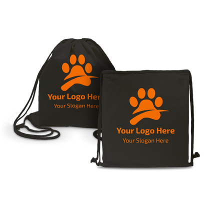 Two black drawstring backpacks featuring an orange paw print design and placeholder text reading “Your Logo Here” and “Your Slogan Here.”