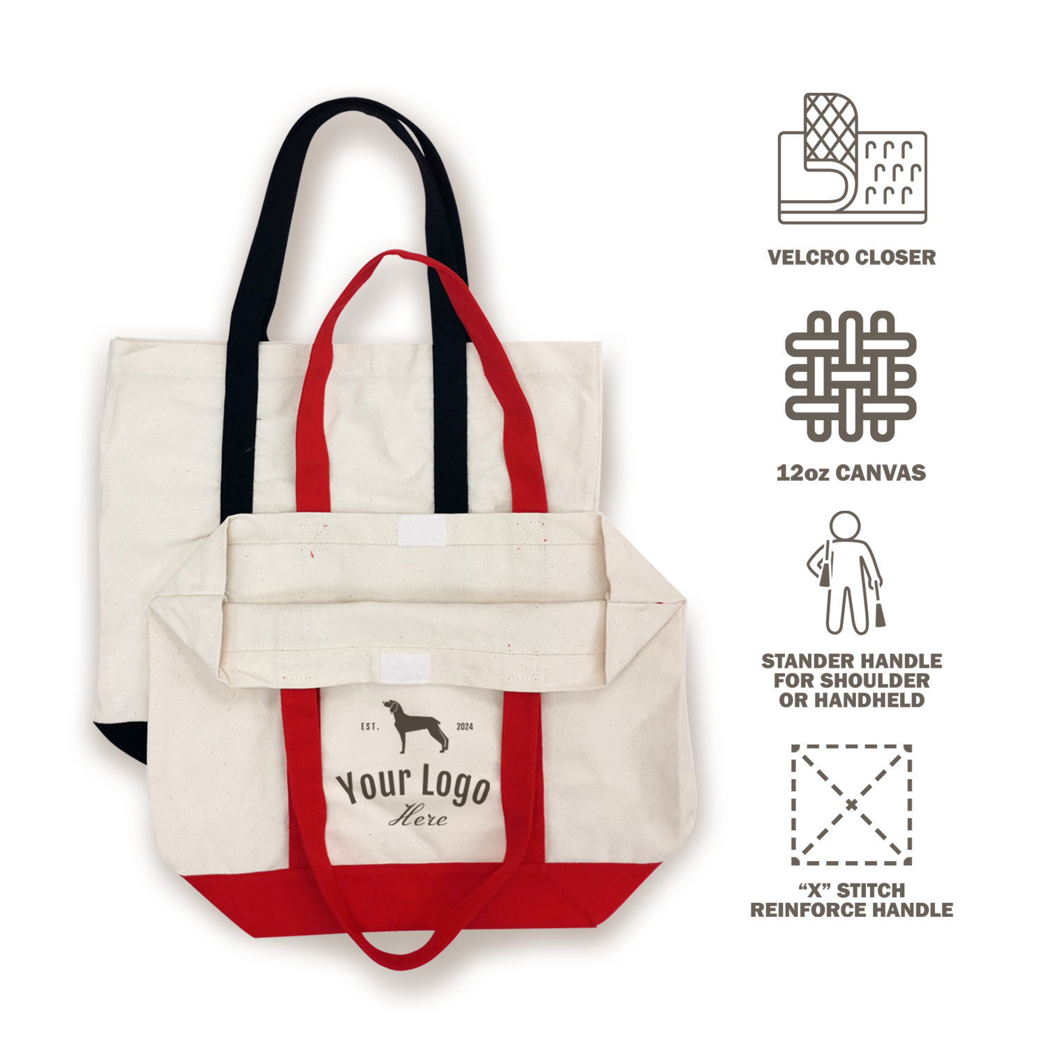Canvas boat tote bags with Velcro closure, reinforced handles, and 12oz fabric, shown folded and flat