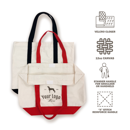 Canvas boat tote bags with Velcro closure, reinforced handles, and 12oz fabric, shown folded and flat