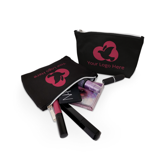 Two black zippered makeup pouches with pink custom logo and "Your Logo Here" text