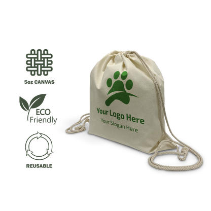 Beige 5oz canvas drawstring bag with green paw print logo, labeled eco-friendly and reusable.