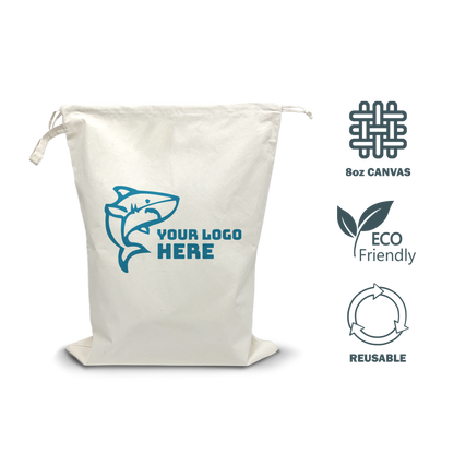 Eco-friendly 8oz canvas drawstring bag with shark logo; reusable and sustainable.