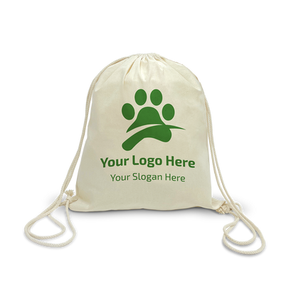 Beige 5oz canvas drawstring sports backpack with custom green paw print logo, 16”W x 17.5”H.
