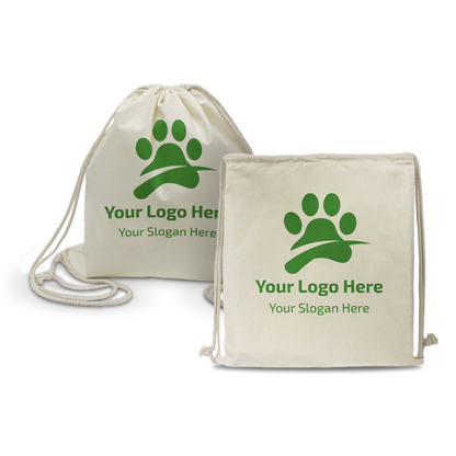 Two beige canvas drawstring backpacks with custom green paw print logos, shown in flat and filled form.