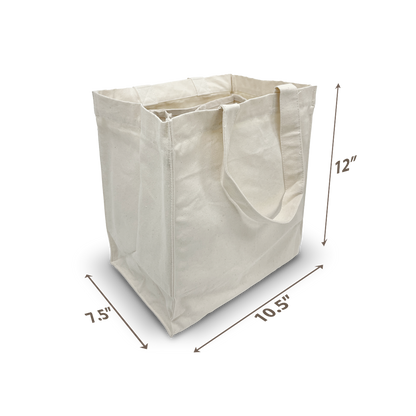 Canvas tote bag, 10.5"W x 7.5"D x 12"H, with long handles.