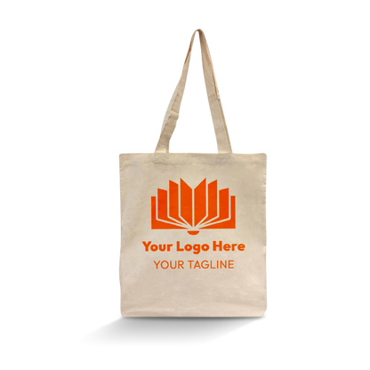 Natural cotton tote bag with long handles and an orange open-book logo design, ideal for book lovers or educational branding.