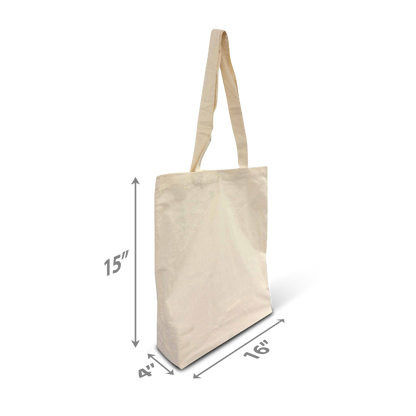 Beige cotton tote bag with long shoulder straps, measuring 16” wide, 15” high, and 4” deep — perfect for everyday use.