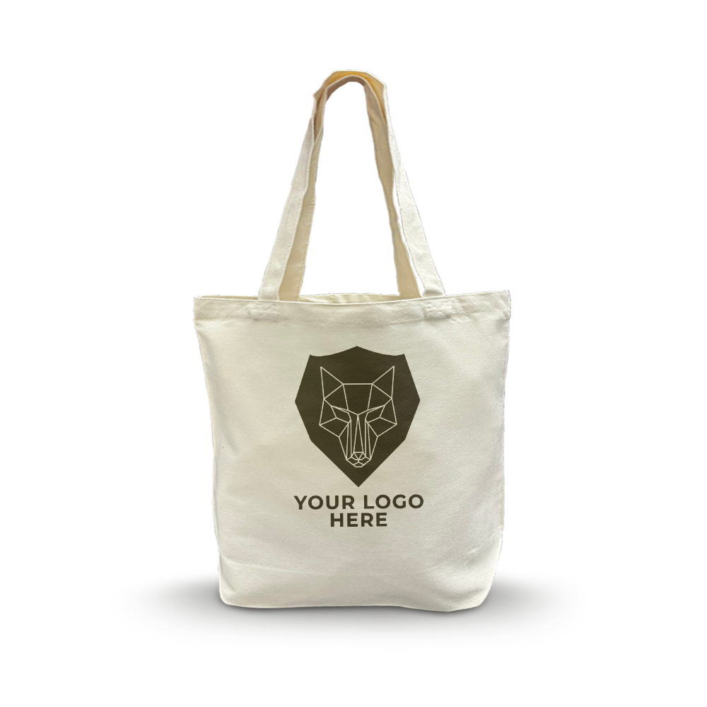 Natural 10oz canvas promotional tote bag with custom logo, 13”W x 5”D x 15”H.