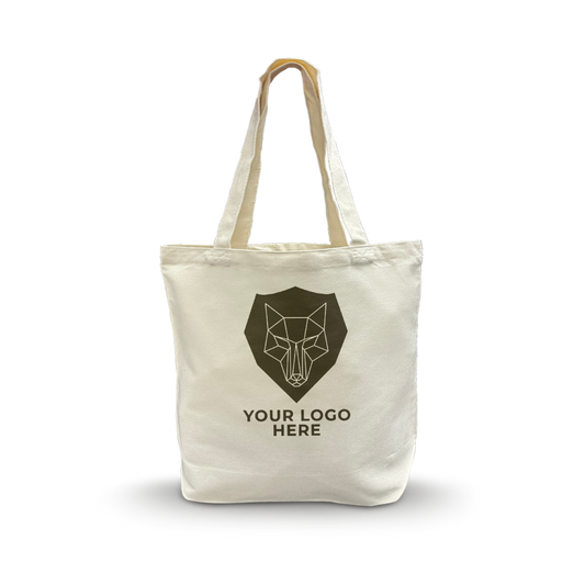 Natural 10oz canvas promotional tote bag with custom logo, 13”W x 5”D x 15”H.