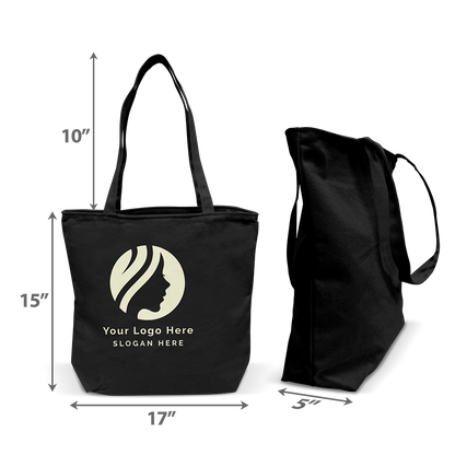Black tote bag with long handles, measuring 17" wide, 15" tall, 5.5" deep, and 10" handle drop.