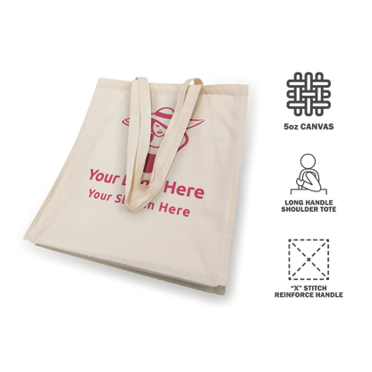 Flat-lay view of beige 5oz canvas tote bag with gusset, long handles, and red logo design.