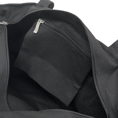Interior view of black tote bag with a zippered pocket.