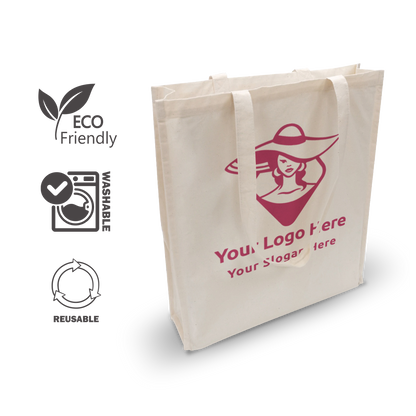 Beige canvas tote bag with gusset and custom red logo, labeled eco-friendly, washable, and reusable.