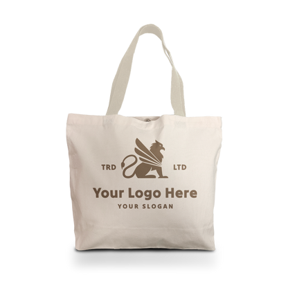 Beige canvas tote bag with magnetic button closure, webbing handles, and custom printed logo