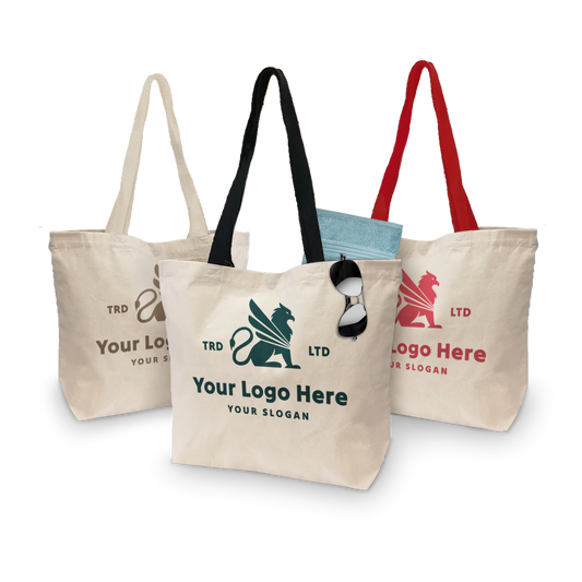 Canvas tote bags with magnetic button closure and webbing handles, shown in three colors with custom logos.