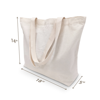Beige canvas tote bag with long handles, 18”W x 5”D x 14”H.