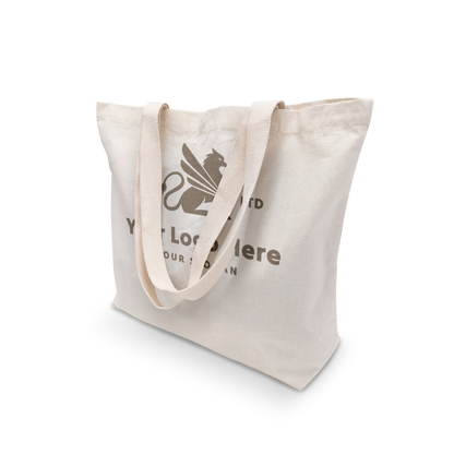 Angled view of beige canvas tote bag with webbing handles and custom printed logo.