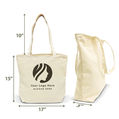 Canvas tote bag with long 10" handles, measuring 17" wide x 15" high x 5" deep, ideal for daily use or promotional branding.