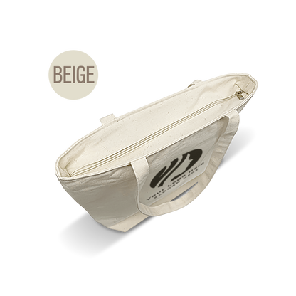 Beige canvas tote bag with secure zipper closure and reinforced handles, offering both style and practicality for everyday use.