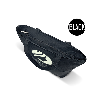 Top view of a black zippered tote bag with dual handles and a custom logo print.