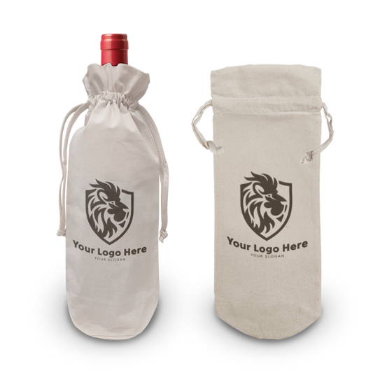 Canvas 5oz drawstring wine bag for 1 bottle, sized 6.5”W x 14.5”H, with custom lion logo.
