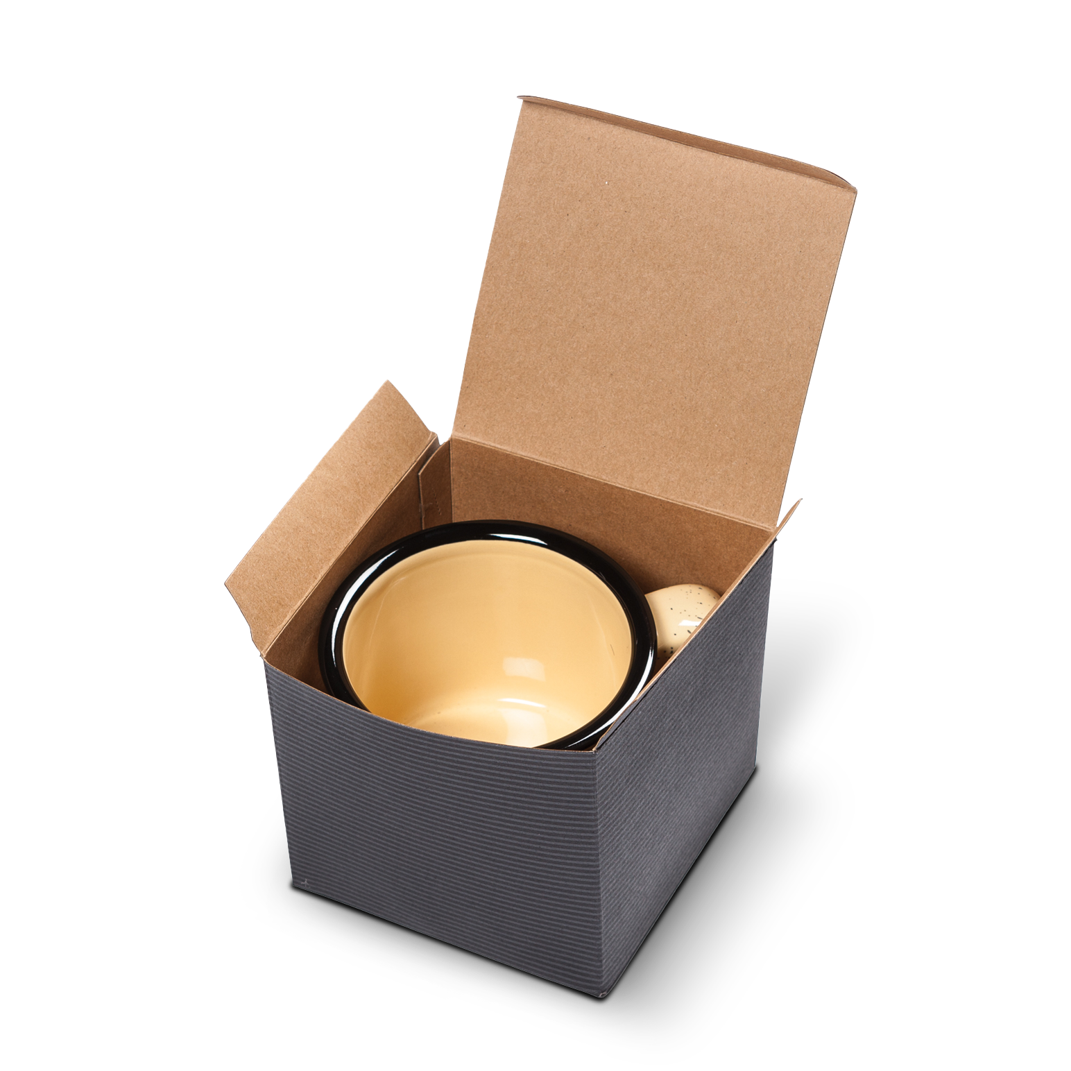 Beige ceramic campfire mug with a black rim, neatly packed in a kraft paper gift box with flaps open.