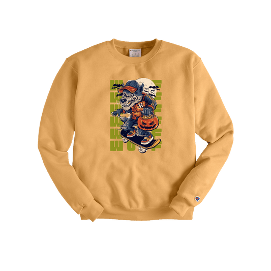 Golden yellow sweatshirt with a Halloween graphic of a cartoon werewolf on a skateboard, holding a pumpkin basket under a full moon.