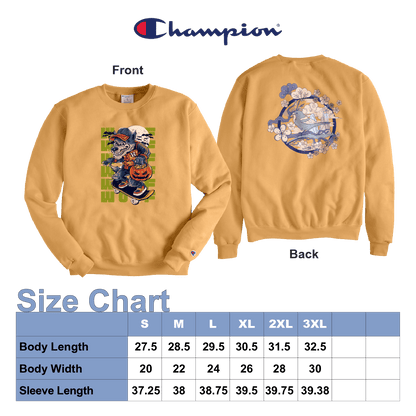 Golden yellow Champion crewneck sweatshirt shown in both front and back views.
