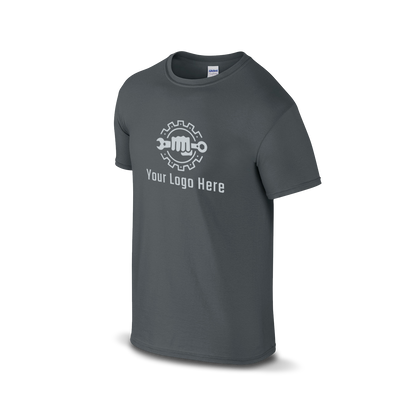 Charcoal short-sleeve t-shirt with a white and customizable tagline.