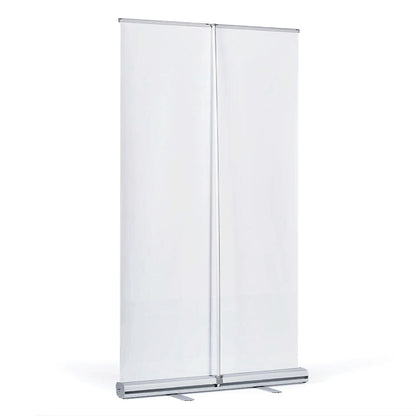 Back view of 47x81 inch pull-up banner with double support feet and silver base