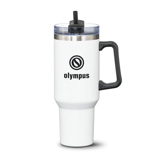 White stainless steel travel mug with black handle and straw lid, featuring Olympus logo on the front.