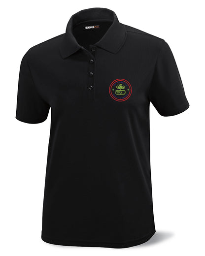 Core365 Ladies' Origin Performance Piqué Polo in black featuring a custom embroidered chest logo.