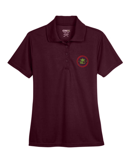 Burgundy Core365 Ladies' Origin Performance Piqué Polo with custom embroidered logo on the left chest.