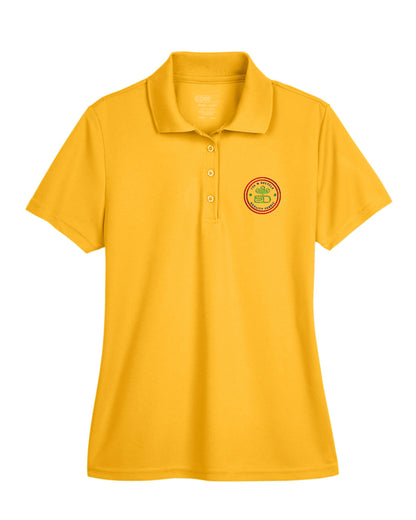 Campus Gold Core365 Ladies' Origin Performance Piqué Polo with custom embroidered logo on the chest.