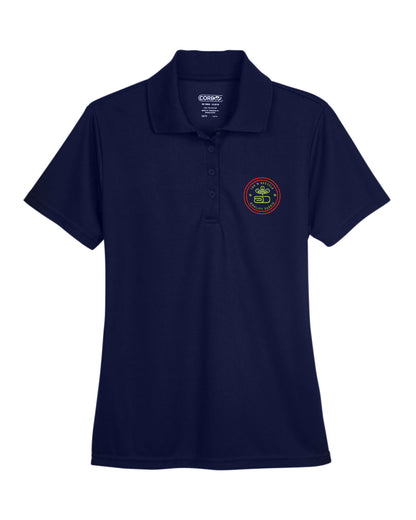 Classic Navy Core365 Ladies' Origin Performance Piqué Polo featuring a custom embroidered logo on the left chest, perfect for professional and promotional wear.