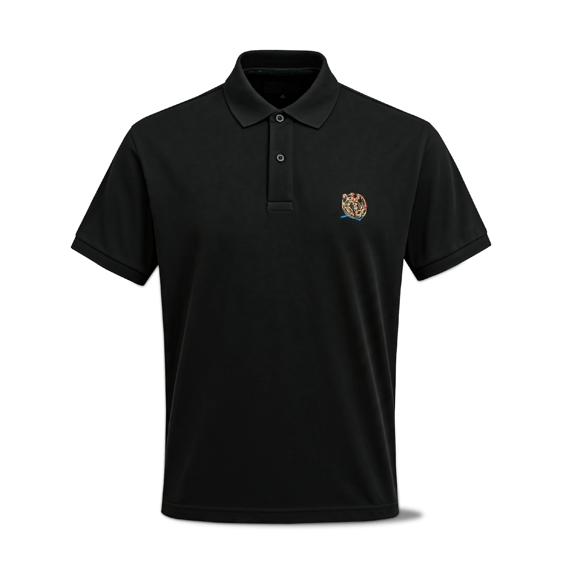 Black men’s performance piqué polo shirt with a small multicolor embroidered logo on the left chest.