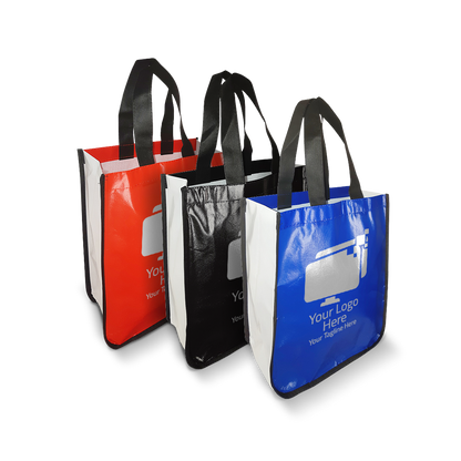 Small laminated non-woven tote bags with curved bottoms, shown in red, black, and blue colors with white side panels and black handles, featuring customizable logo space on the front.