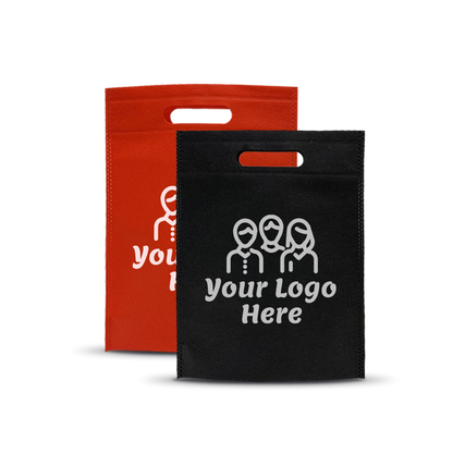 Red and black non-woven die-cut handle bags featuring a customizable logo print