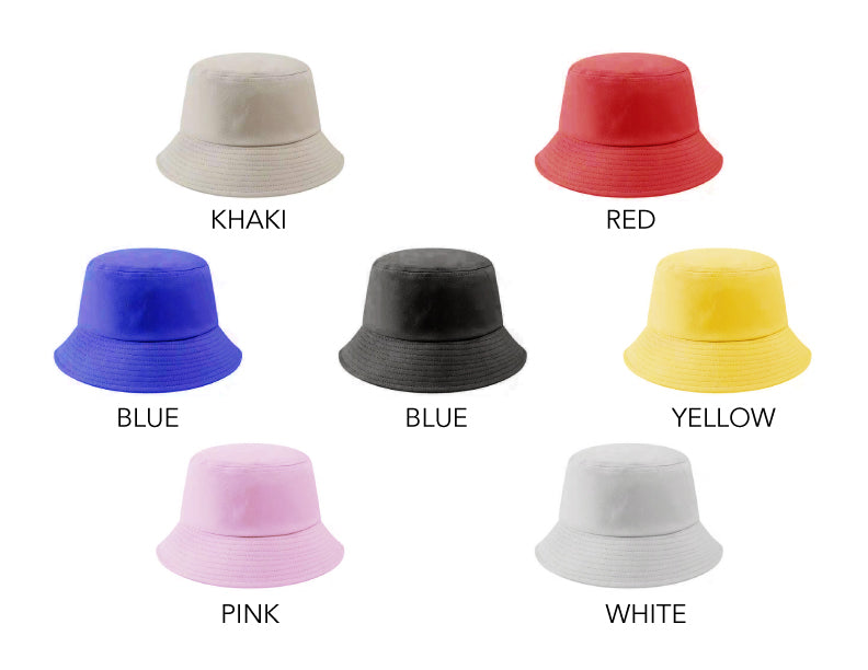 Assorted custom bucket hats in khaki, red, yellow, blue, black, pink, and white—perfect for personalized branding and promotional use