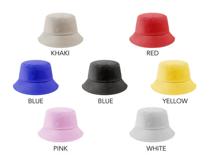 Assorted custom bucket hats in khaki, red, yellow, blue, black, pink, and white—perfect for personalized branding and promotional use