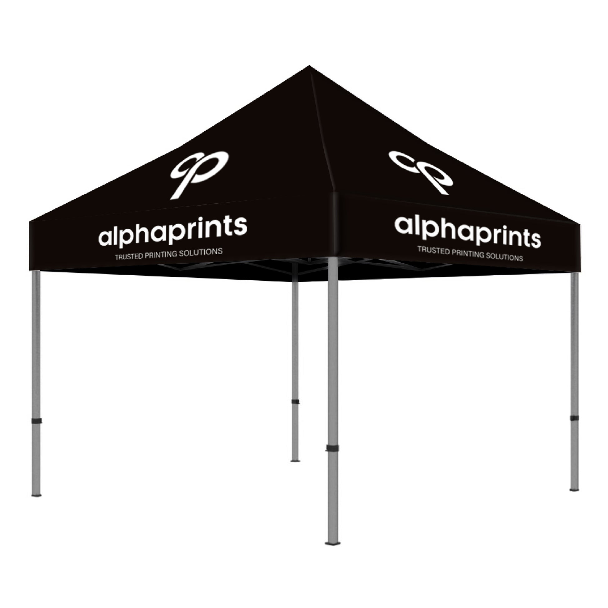 Black custom canopy tent with white logo and pop-up aluminum frame, ideal for outdoor branding, festivals, and promotional events